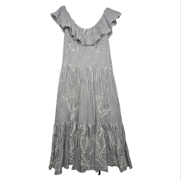 Tory Burch Eyelet Embroidered Stripe Flounce Ruffle Hem Midi Dress Gray Blue 8 - Picture 7 of 13